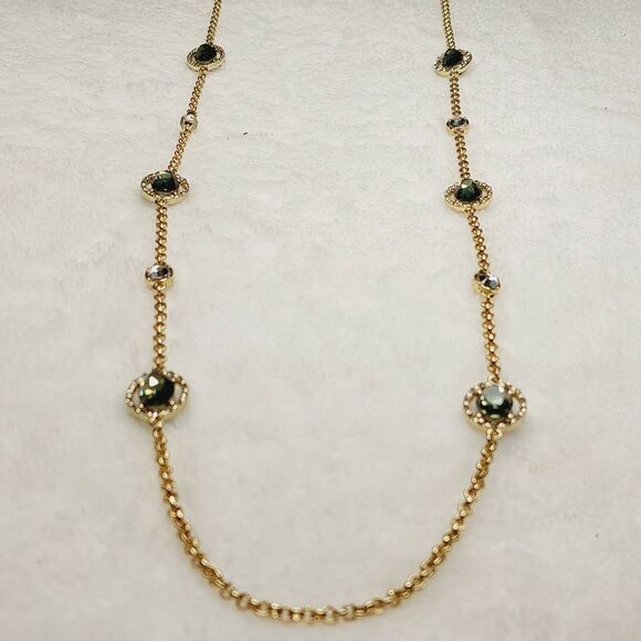 Rhinestone Station Necklace Gold Tone Modern Modest - Picture 1 of 9